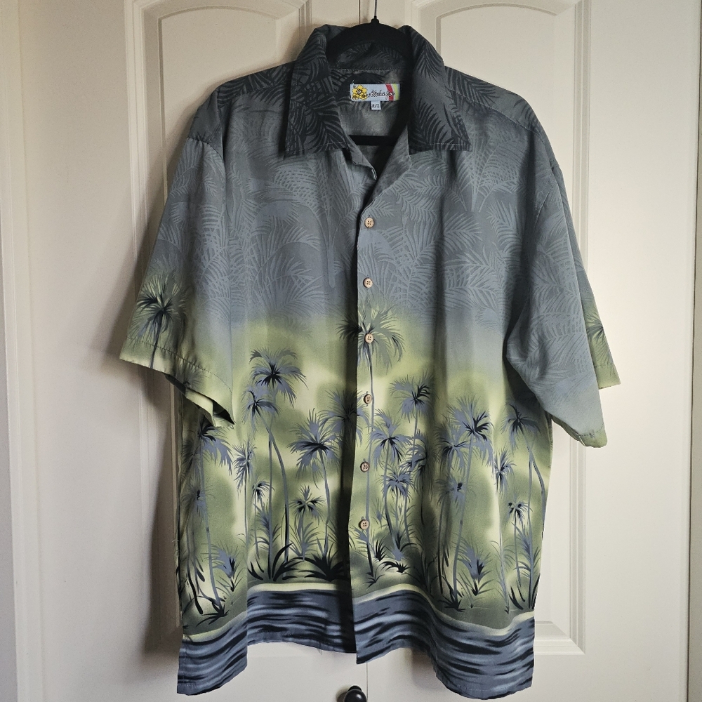 Aloha Joe Hawaiian Shirt Grey &  Green Palm Tree Short Sleeve Sz XL